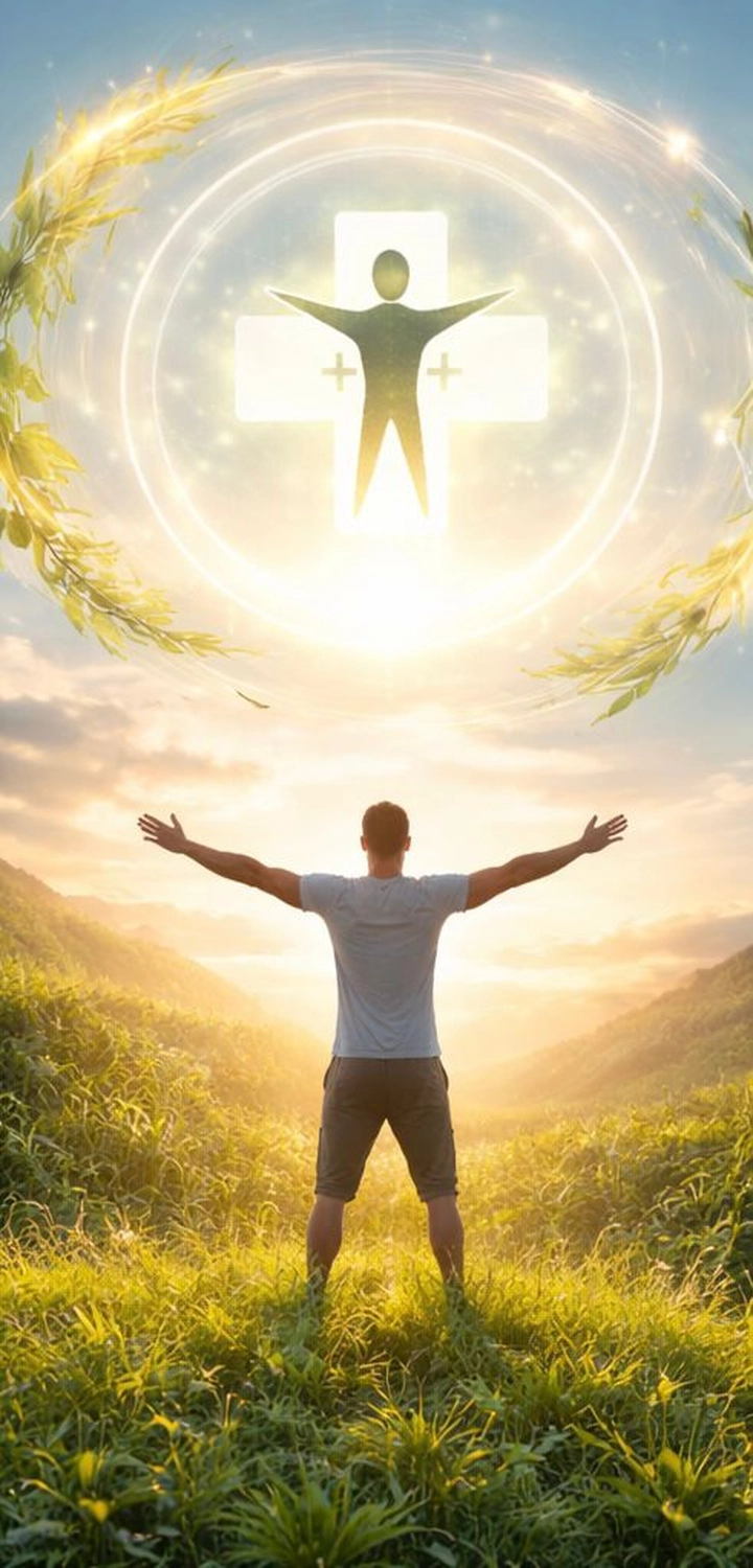 Gesundheitszentrum Werth - Physiotherapie und medizinische Behandlungen - Ein Mann mit ausgestreckten Armen blickt in eine leuchtende, ätherische Gestalt mit einem Kreuzsymbol am Himmel, inmitten einer üppigen, grünen Landschaft.