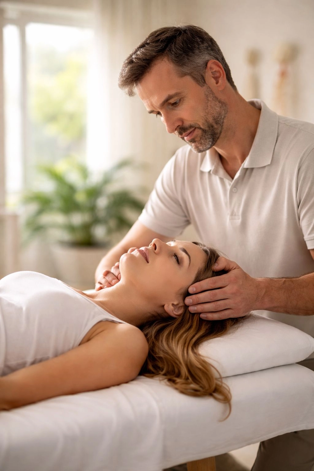 Gesundheitszentrum Werth - Physiotherapie und medizinische Behandlungen - Ein männlicher Chiropraktiker, bekleidet mit einem weißen Polohemd, führt eine Nackenmanipulation oder -justierung an einer Patientin durch.