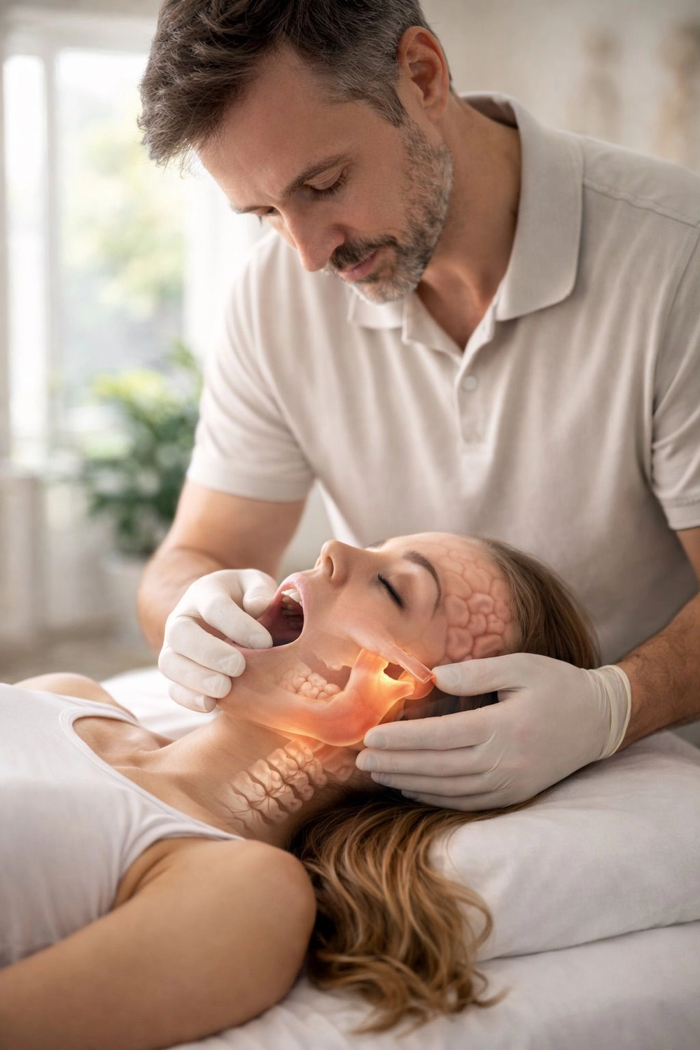 Gesundheitszentrum Werth - Physiotherapie und medizinische Behandlungen - Ein Physiotherapeut oder Zahnarzt führt eine Kieferuntersuchung an einer Patientin durch, wobei eine transparente Folie den Bereich des Kiefergelenks (TMJ) hervorhebt.