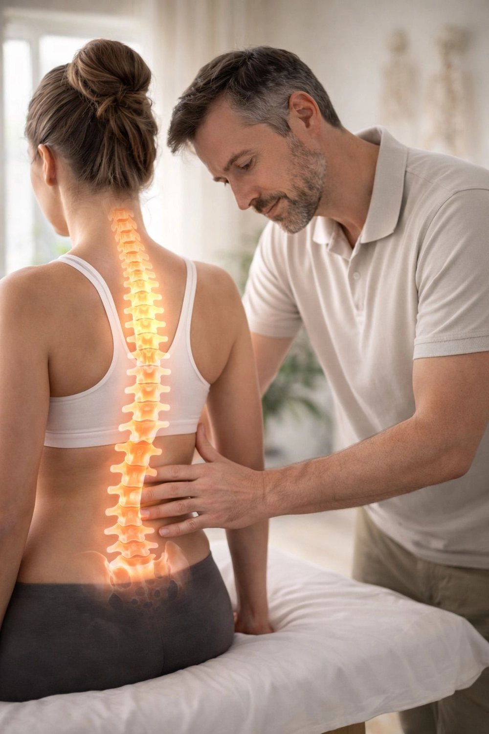 Gesundheitszentrum Werth - Physiotherapie und medizinische Behandlungen - Ein männlicher Physiotherapeut oder Chiropraktiker untersucht die Wirbelsäule einer Patientin; auf ihrem Rücken ist eine leuchtende Illustration der Wirbelsäule eingeblendet.