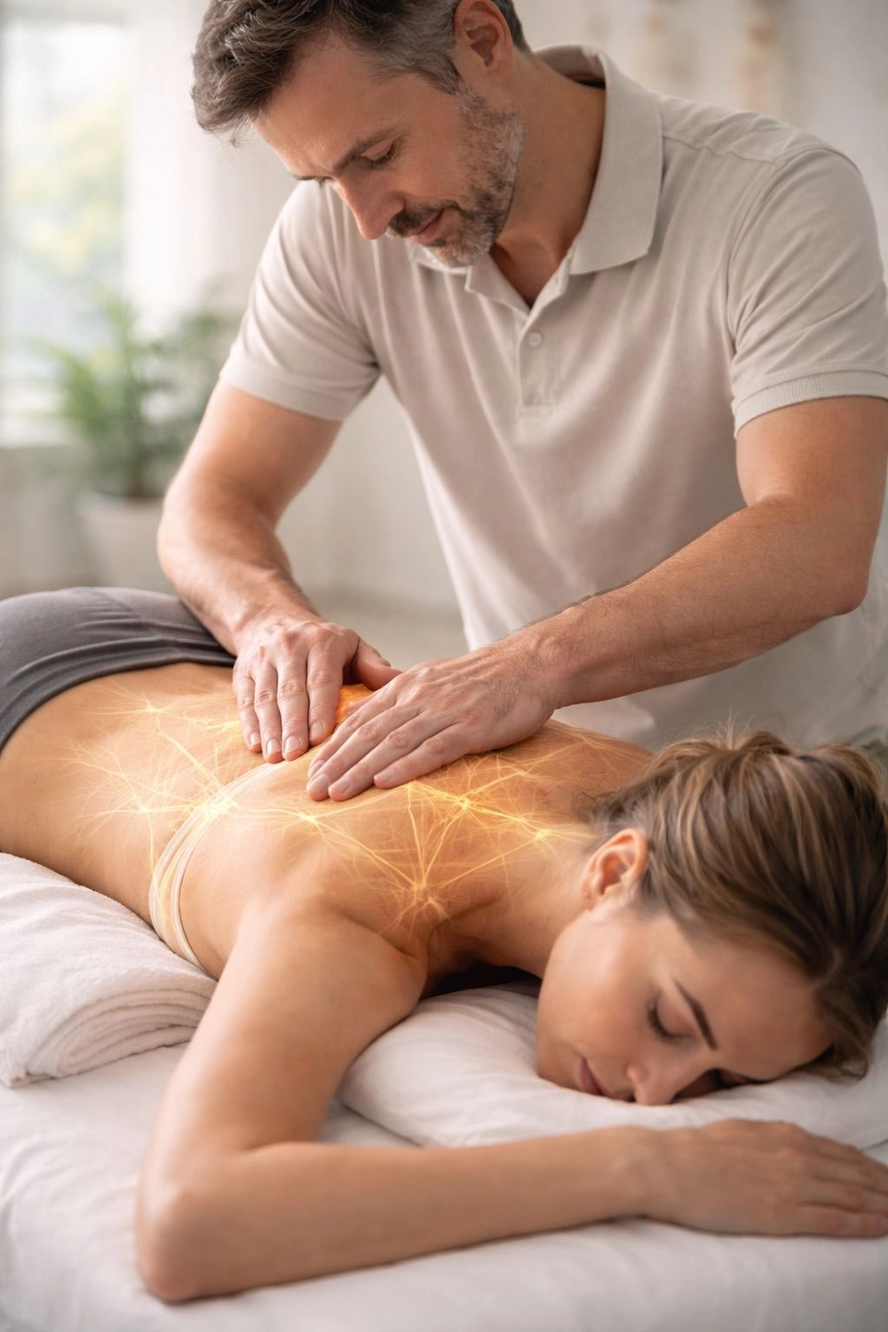 Gesundheitszentrum Werth - Physiotherapie und medizinische Behandlungen - Ein männlicher Therapeut massiert den Rücken einer weiblichen Klientin. Auf ihrem Rücken sind leuchtend orange Linien eingeblendet, die den Energiefluss oder die Therapie symbolisieren.