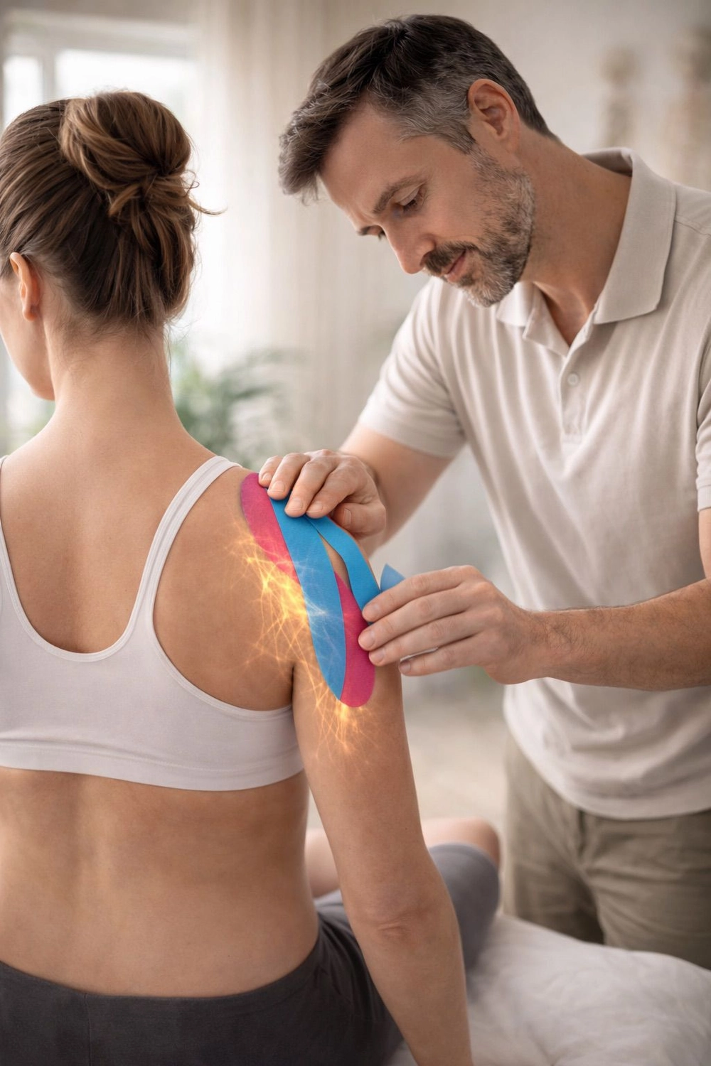 Ein männlicher Physiotherapeut klebt während einer Physiotherapie-Sitzung rotes und blaues Kinesiologie-Tape auf die Schulter einer Patientin.