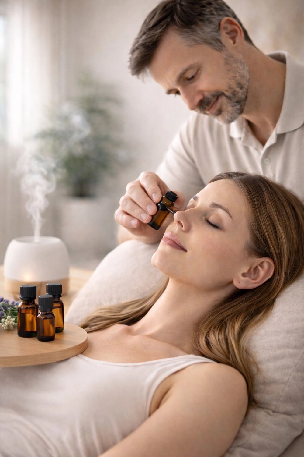 Gesundheitszentrum Werth - Physiotherapie und medizinische Behandlungen - Eine Therapeutin träufelt einer Frau ätherisches Öl aus einem kleinen Fläschchen auf die Nase, während diese sich zurücklehnt und entspannt.