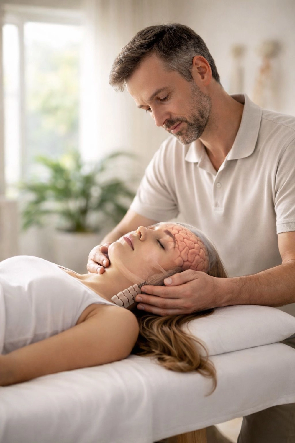 Gesundheitszentrum Werth - Physiotherapie und medizinische Behandlungen - Ein männlicher Therapeut führt eine Schädel- oder Kopfmassage an einer weiblichen Patientin durch, die auf einer Behandlungsliege liegt. Im Hintergrund wird eine grafische Überlagerung angezeigt, die den Gehirnbereich der Patientin darstellt.